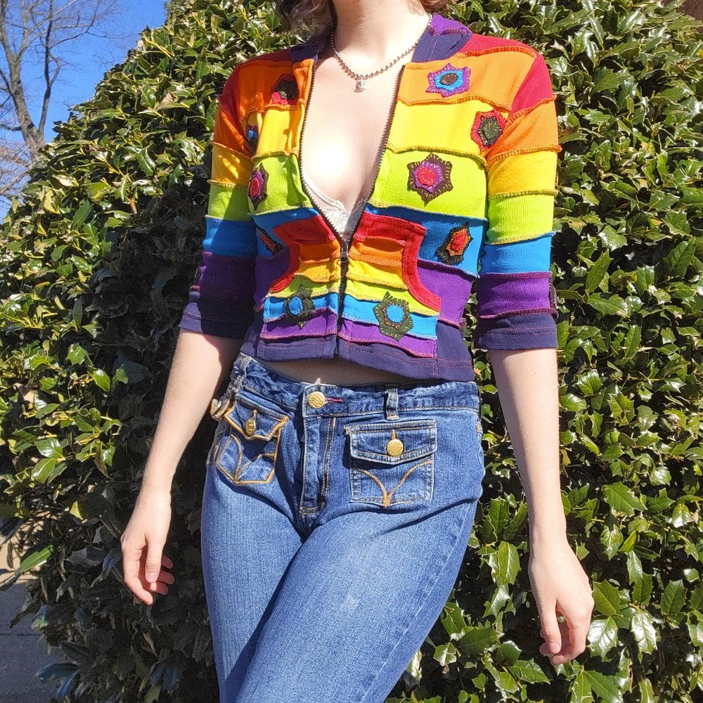 Rising International Cropped Patchwork Rainbow Ho… - image 5
